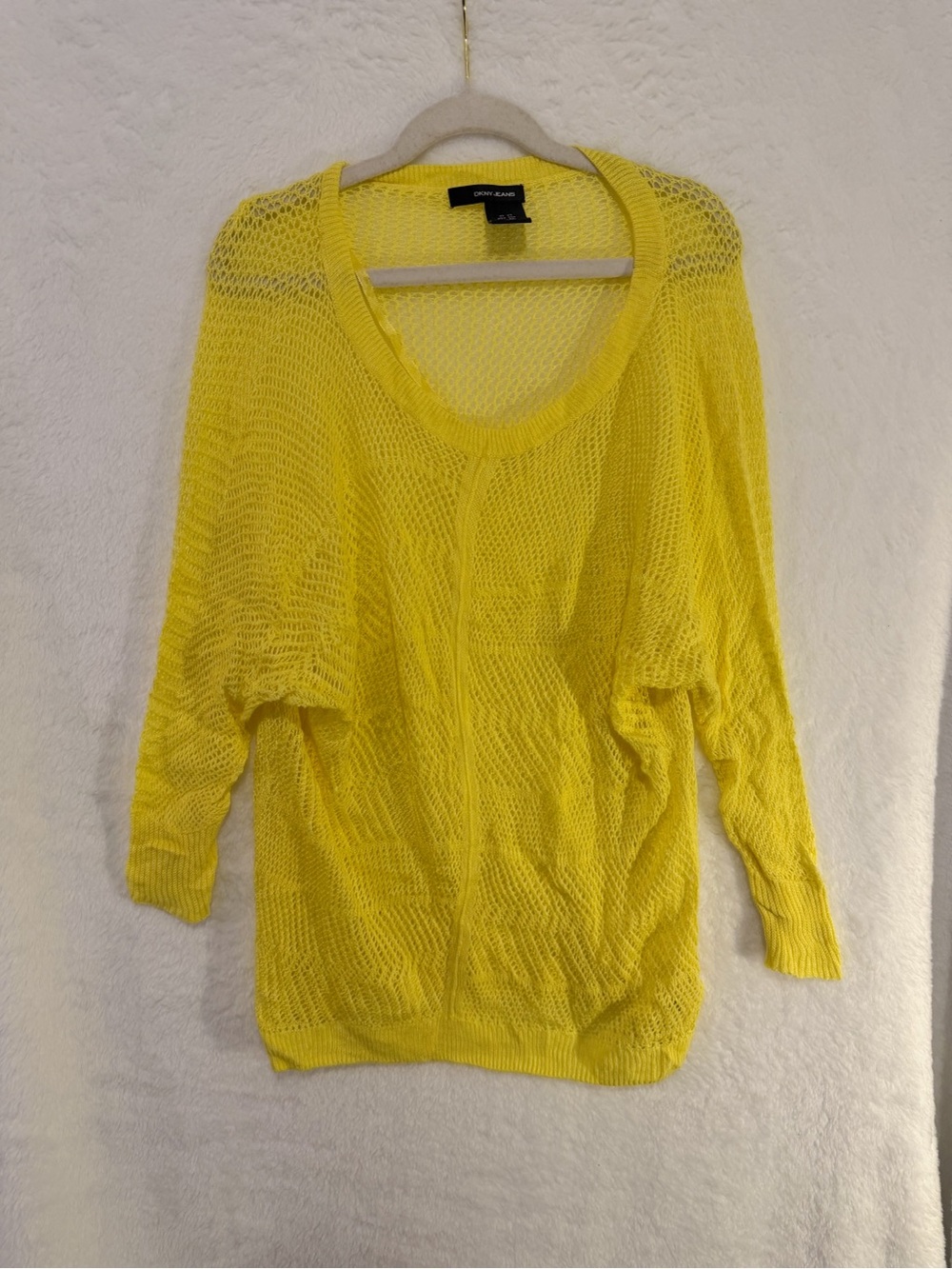 Vintage DKNY Layering Top Womens XS Bright Yellow Open Knit Crochet Festival